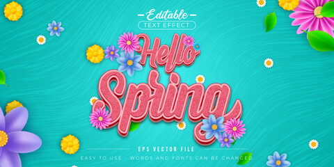 Hello spring greetings with colorful flowers and editable text effects. © text