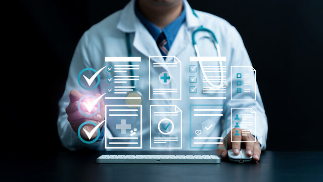 Online medical checklist concept. Doctor doing online checklist document, digital medical healthcare quality certificate, telemedicine. Smart healthcare. Review patient medical records. data analysis - Powered by Adobe