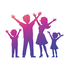 Happy family silhouette with raised hands in pink and purple gradient