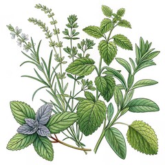 artistic illustration of various herbs with intric.