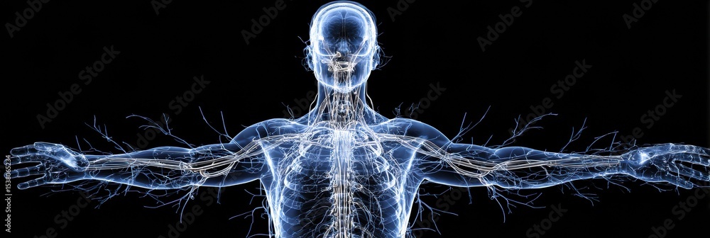 Poster Stylized Wireframe Human Body Highlighting Nervous System Structure and Pathways for Anatomical Visualization