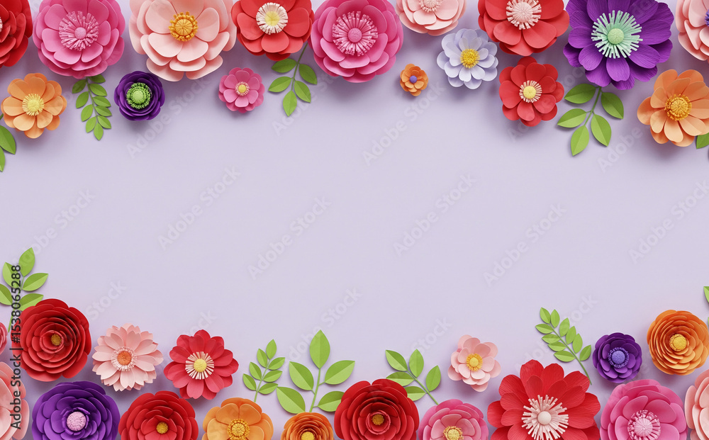 Poster colorful paper flowers border lilac background, creating a festive and elegant frame with free space