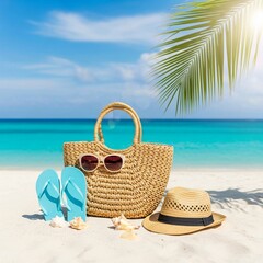 Summer Vacation Accessories In Bag In Tropical Beach With Defocused Ocean, closeup of a beach, Straw Bag, Hat, and Flip-Flops on White Sand