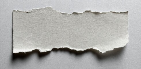 A torn piece of off-white paper rests on a light gray surface, casting a subtle shadow.  The edges are uneven and ragged, suggesting a hand-torn texture