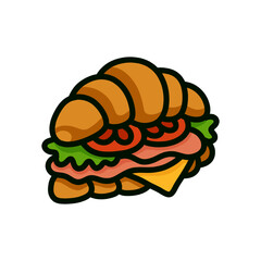 Croissant Sandwich Cartoon Illustration with Ham, Cheese, and Tomato