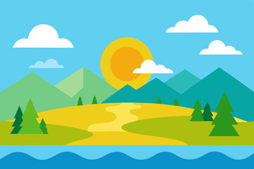 Obraz premium Simple cartoon landscape with mountains and lake