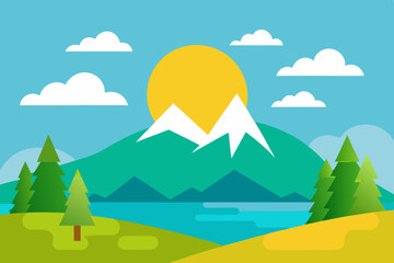 Simple cartoon landscape with mountains and lake
