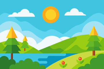 Fototapeta premium Simple cartoon landscape with mountains and lake