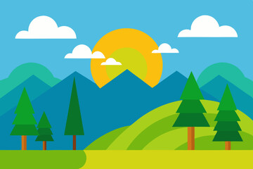 Simple cartoon landscape with mountains and lake