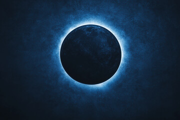 A solar eclipse with powerful spiritual energy radiating from its core, A stunning depiction of a solar eclipse, showcasing a dark orb surrounded by a radiant blue halo against a textured background.