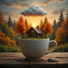 cup of coffee  and a house in coffee  cup