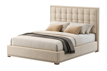 Luxurious cream-colored upholstered bed with button tufted headboard isolated on transparent background