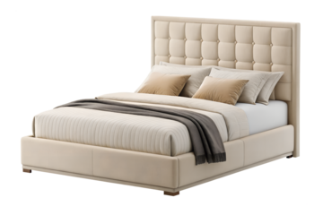 Luxurious cream-colored upholstered bed with button tufted headboard isolated on transparent background