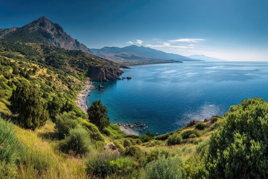 Panoramic view of a serene coastal landscape, featuring a tranquil blue sea, a pebble beach nestled between lush green hills, and a majestic mountain range under a clear blue sky - Powered by Adobe
