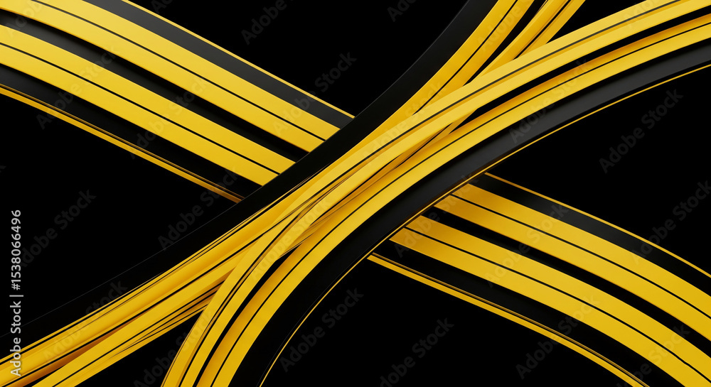 Poster abstract image of interwoven yellow and black curved stripes on black background, creating a dynamic