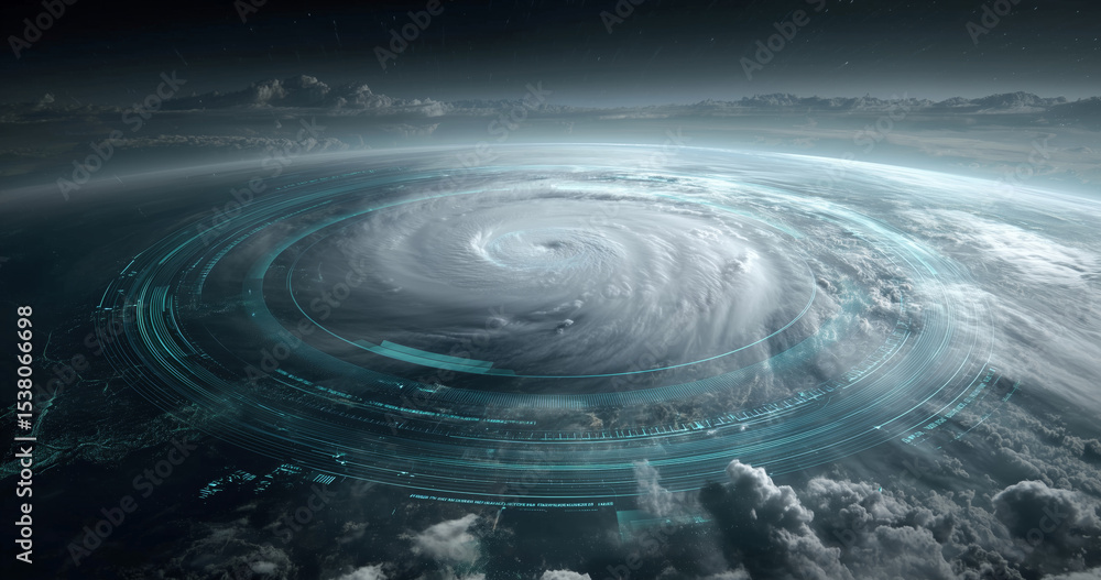 Poster High-altitude view of a massive cyclone showcasing swirling clouds and intricate weather patterns. Advanced sensors are utilized for climate monitoring and data collection from this powerful storm.