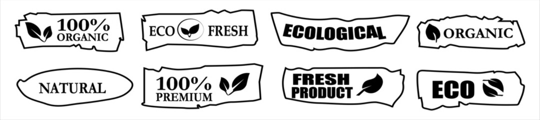 Hand-drawn eco label collection with inscriptions like vegan, fresh, ecological, and 100% natural. Black outline vector badges with torn paper effect for organic branding and packaging.Web