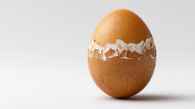 Partially Cracked Brown Egg on White Background