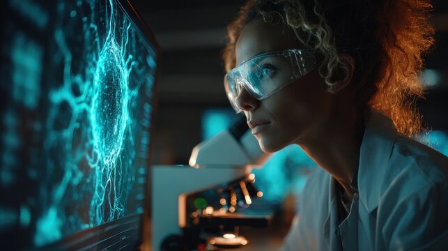 Scientist examining microscopic samples under a microscope in a dimly lit laboratory with digital screens displaying cellular structures.