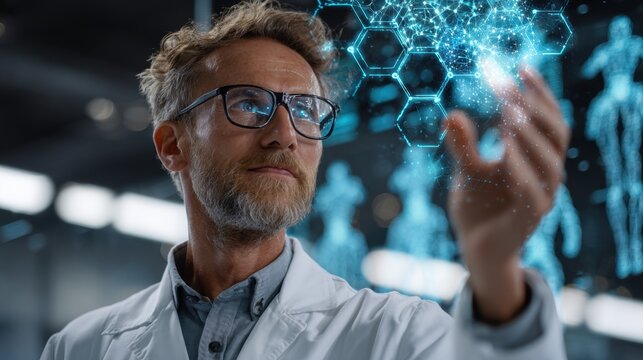 Scientist interacting with a holographic display in a modern laboratory setting