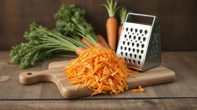 Fresh carrots and a grater on a wooden cutting board preparing for a healthy meal or snack preparation on a wooden surface - Powered by Adobe