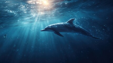 Fototapeta premium Dolphin Swimming Underwater with Sunlight Beams