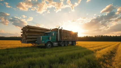Obraz premium Hauling timber at sunset across a vast grassy field on a truck, emphasizing hard work and the beauty of golden hour lighting