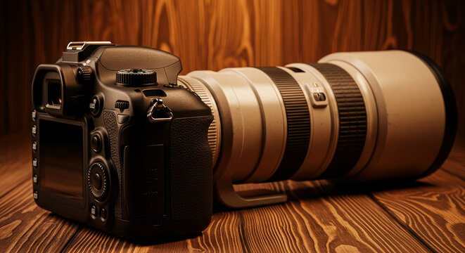Black DSLR camera with beige telephoto lens rests on brown wooden surface, showcasing photography equipment, professional image quality and technology