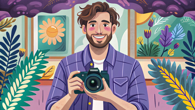 photographer holding a camera with professional confidence, representing passion, creativity, modern photography gear, and visual storytelling expertise