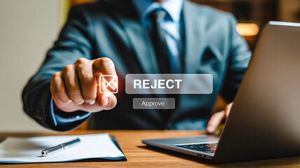 Businessman rejecting email with virtual interface on laptop in office setting
