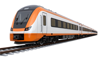 Orange and white train on tracks isolated on transparent background