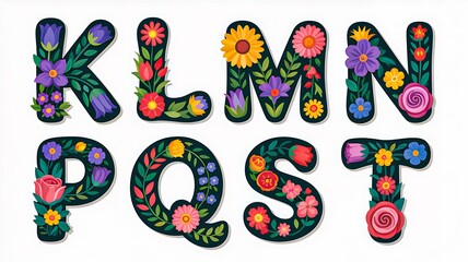 Floral decorative alphabet letters with vibrant flowers, artistic botanical typography set
