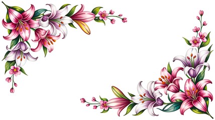 Corner floral frame design with hand-drawn pink and white lily flowers on white background
