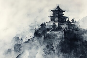 Ink drawing painting of an ancient temple in Asian style. Traditional ink wash painting style