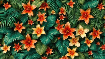 Exotic blooms peek through lush foliage, showcasing nature's vibrant colors and intricate patterns in a captivating, botanical arrangement