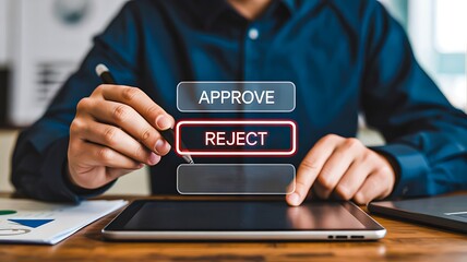 Man pressing reject button on digital interface using tablet in modern office setting

