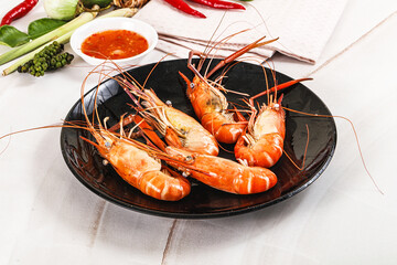 Boiled tiger prawn with sauce