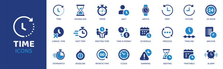 Time - Icon Collection. Thin Line Set contains such Icons as Time, Clock, Watch, Timer, Hour, Minute, Second and more. Simple web icons set.