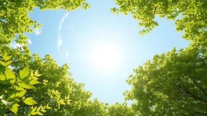 Fototapeta premium Sunlight Breaks Through Canopy of Green Trees Reaching Toward the Blue Sky Above During Spring Time