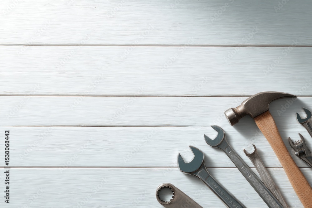 Poster clean and minimalistic arrangement of tools scattered on wooden table with ample copy space for text