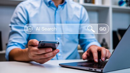 Artificial intelligence search bar interface on digital screen using mobile and laptop
