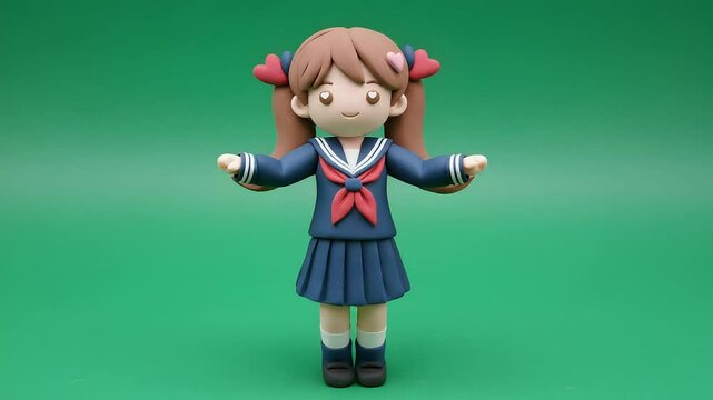 A 3D stylized, child-like mode character figure of a girl in a sailor uniform, crafted from clay on green screen background