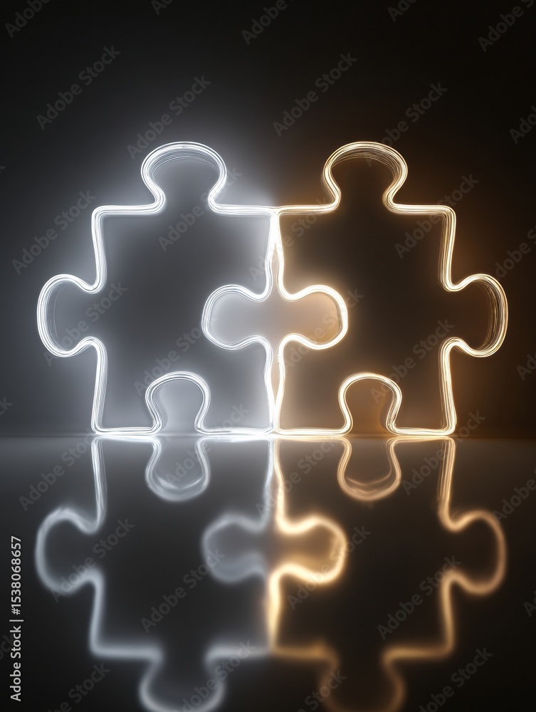 Poster connected puzzle pieces glowing softly, symbolizing unity and collaboration in a serene and dark env