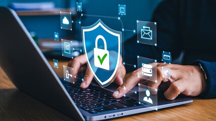 Cyber security protection on laptop with lock icon and digital secure access concept
