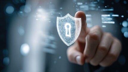 Hand interacting with a holographic shield icon, symbolizing digital security.