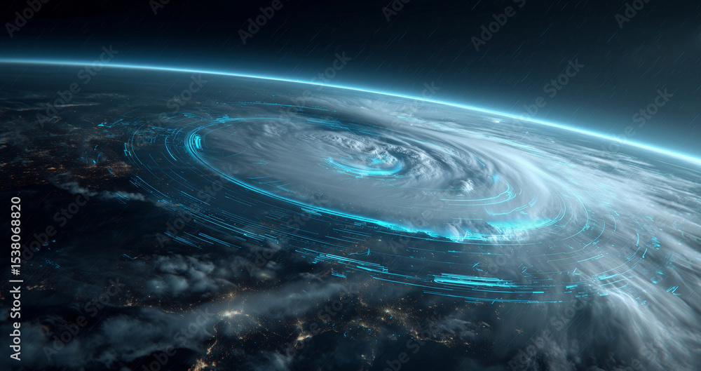 Poster a powerful weather system is observed from space, showcasing a swirling cyclone with digital monitor