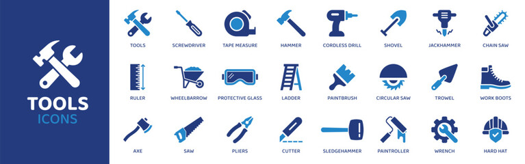Tools - Icon Collection. Thin Line Set contains such Icons as Tool, Hammer, Screwdriver, Wrench, Saw, Drill, Cutter and more. Simple web icons set.