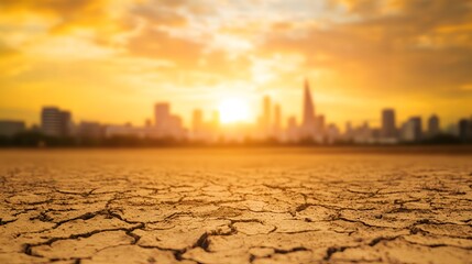 Dry Barren Land with Blurred City Skyline Under Golden Light Reflecting Global Warming Concept
