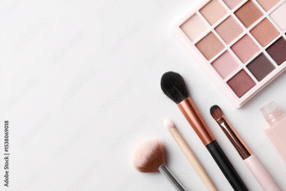 Poster clean image capturing modern makeup palette with minimalistic design on white background with copy s