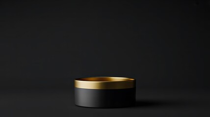 Black cosmetic container with gold lid on luxury dark background for beauty branding
